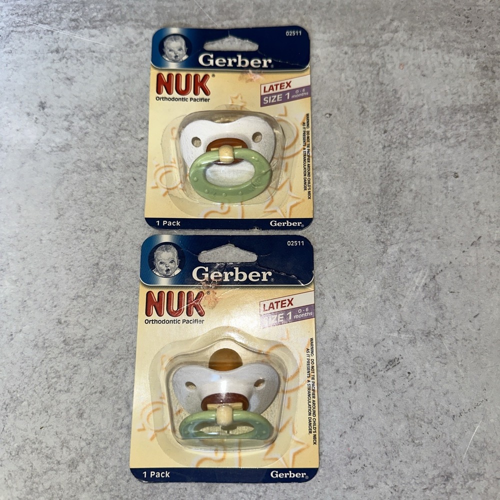 2 Gerber NUK Orthodontic Latex Pacifiers Size 1 White Green Newborn